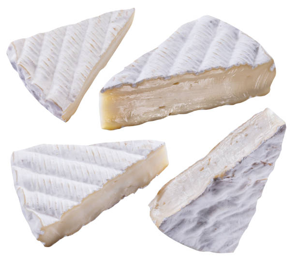 Set of cross sections of brie cheese on white background.  File contains clipping paths. stock photo
