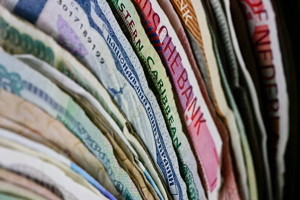 Set of different banknotes standing stock photo