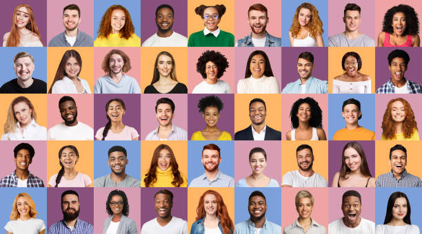 set of happy millennial people portraits on different colored backgrounds - mosaico imagens e fotografias de stock