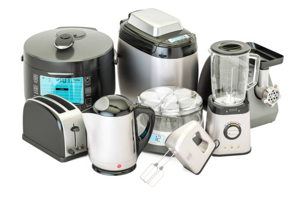 Set of kitchen home appliances. Toaster, kettle, mixer, blender, "yogurt maker", multicooker, grinder, bread machine, 3D rendering isolated on white background Set of kitchen home appliances. Toaster, kettle, mixer, blender, "yogurt maker", multicooker, grinder, bread machine, 3D rendering isolated on white background appliance stock pictures, royalty-free photos & images