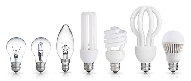 set of light bulbs set of incandescent, halogen, compact fluorescent, LED light bulbs isolated on white background halogen light stock pictures, royalty-free photos & images