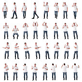 Set of many various business man situations. Cheering, rooting, using touch screen walking or presenting. Full body isolated on white background.