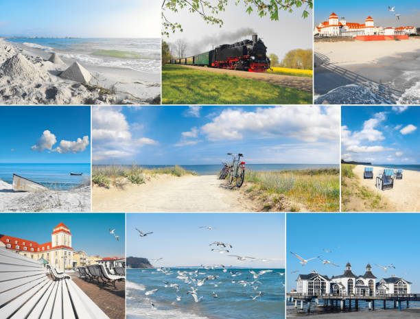 Set of nine pictures with vintage train that takes tourists to resort towns and sandy beaches of island Rugen Romantic island Rugen on Baltic sea off German coast. Set of nine pictures with vintage train that takes tourists to resort towns and sandy beaches. sellin stock pictures, royalty-free photos & images