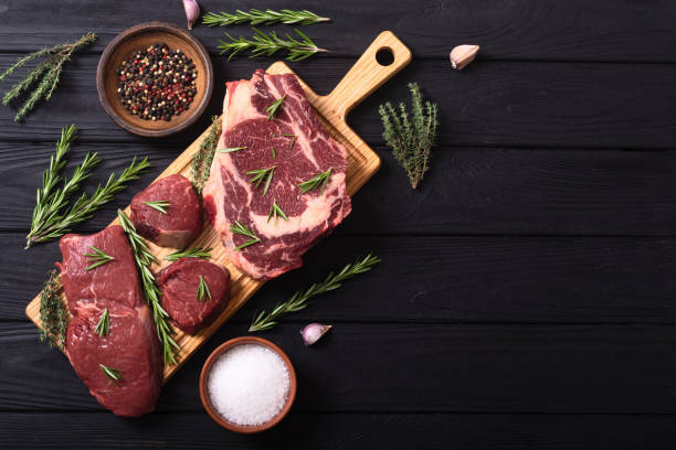 Set of raw beef steak stock photo
