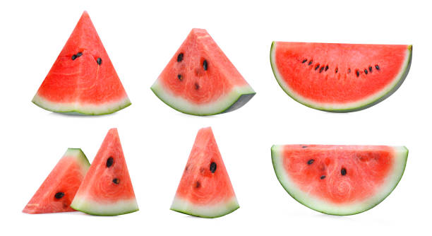 set van gesneden rode watermeloen geïsoleerd op witte achtergrond - watermeloen stockfoto's en -beelden