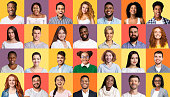 Set Of Successful Smiling Mixed People Faces Posing Over Colorful Backgrounds. Social Variety And Diversity Concept