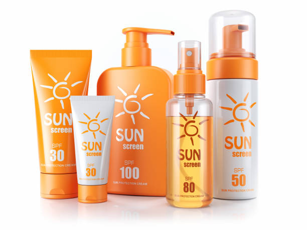 Set of sunscreens. Cream, oil and spray. 3d render. Set of sunscreens. Cream, oil and spray. 3d render. Isolated on white background sunscreen stock pictures, royalty-free photos & images