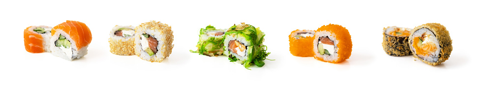 Banner with set of sushi rolls isolated on white background.