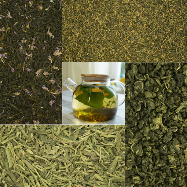 Set of tea backgrounds. The collage presents types of tea such as milk green oolong, eyebrows of golden beauty, ivan tea, white lundzin. stock photo