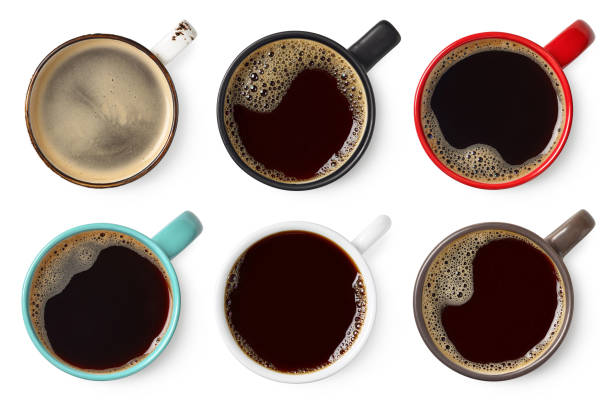 Set of various colorful cups of black coffee Set of various colorful cups of black coffee isolated on white background, top view mug stock pictures, royalty-free photos & images