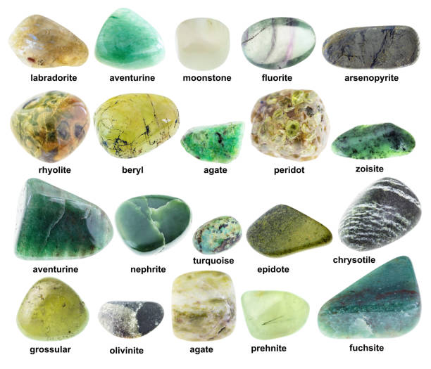set of various polished green minerals with names set of various polished green minerals with names cutout on white background zoisite photos stock pictures, royalty-free photos & images