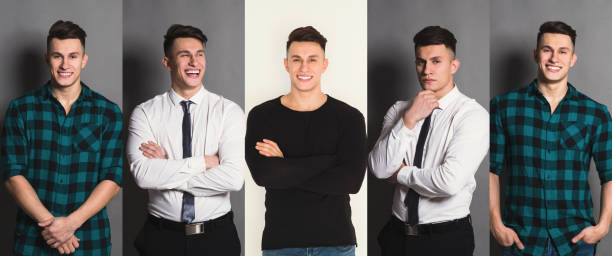 Set of young man different emotions at studio background Set of young casual and formal man expressing different emotions and gesturing at studio background. Collage of male feelings same person different outfits stock pictures, royalty-free photos & images