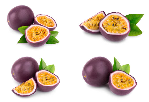 set or collection whole passion fruits and a half with leaves isolated on white background. isolated maracuya - granadilla imagens e fotografias de stock