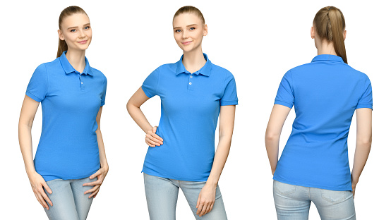 Download Set Promo Pose Girl In Blank Blue Polo Shirt Mockup Design ...