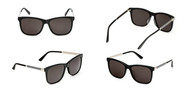 흰색 배경에 고립 된 편광 된 그라데이션 블랙 플라스틱 여름 태양 안경 설정. 컬렉션 패션 눈 안경 - sunglasses 뉴스 사진 이미지