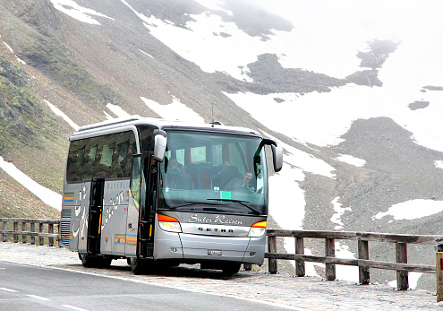 Tyrol, Austria - July 29, 2014: German coach Setra S411HD parked at the Grossglockner High Alpine Road.