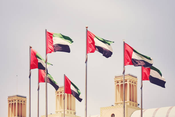 Seven United Arab Emirates flags, United Arab Emirates. Seven United Arab Emirates flags, color toning applied, Sharjah, United Arab Emirates. united arab emirates flag stock pictures, royalty-free photos & images