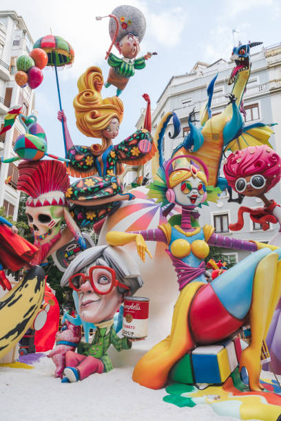 Seventies themed paper mache sculpture display for the national festival Fallas in Valencia, Spain stock photo