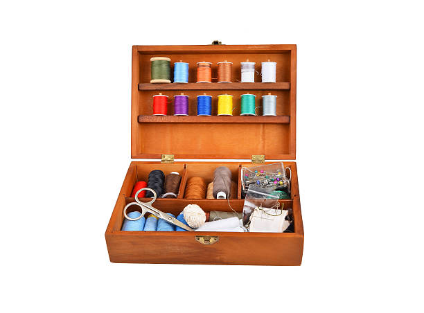 Sewing kit in wooden box stock photo