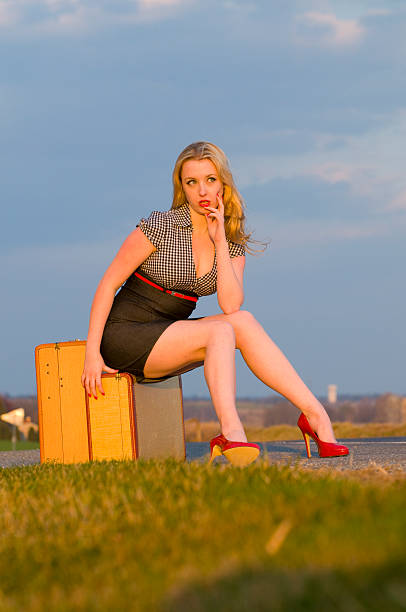 Suitcase Hitchhiking High Heels Sitting Stock Photos, Pictures ...