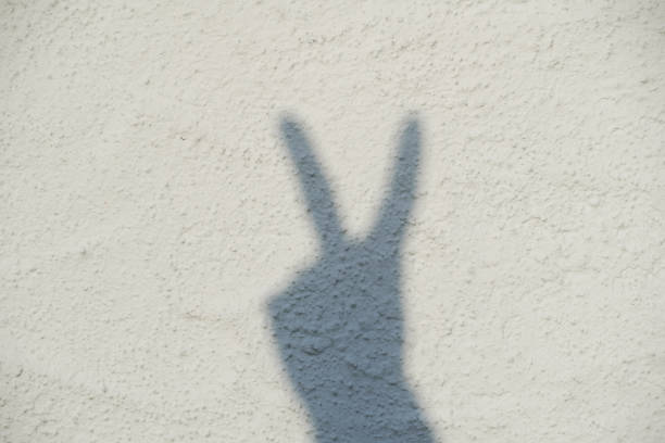 Shadow of a hand on a white wall. Peace sign. Victorry sign. stock photo