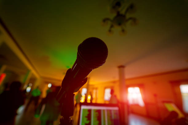 Shadow of microphone in restaraunt. Silhouette of studio musical microphone. stock photo