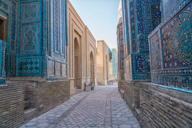 Shah-I-Zinda Mausoleums in Samarkand, Shakhi Zinda memorial complex of islamic architecture from 9 do 12. century in Samarkand. samarkand stock pictures, royalty-free photos & images