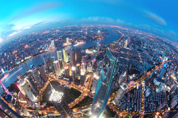 Shanghai's Lujiazui Financial District at Sunset, China Aerial View of Shanghai's Lujiazui financial district at sunset, china. fish eye lens stock pictures, royalty-free photos & images