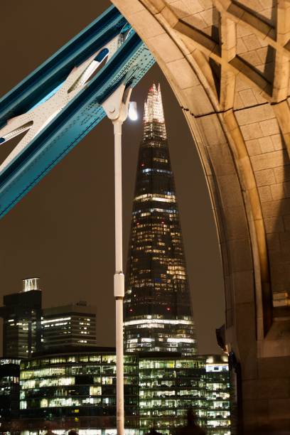 Shard from Tower Bridge, London The shard at night seen from the arches of Tower Bridge in the foreground skeable stock pictures, royalty-free photos & images