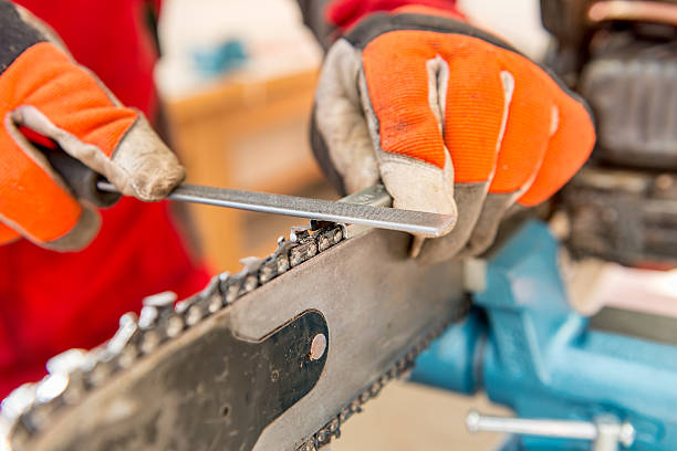 sharpening a chainsaw - scherp stockfoto's en -beelden