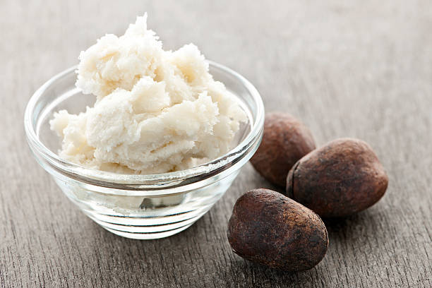 Shea butter and nuts in bowl stock photo