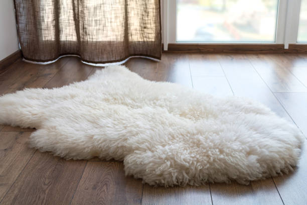 Sheep skin on the laminate floor in the room. Cozy place near the window stock photo