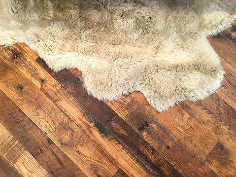 A lovely soft sheepskin area rug is lying on a rustic hardwood floor. The two textures create a wonderful tension between hard and soft. The mood is warm and can also be used to create a Western/rustic theme.  Shot on iphone 6s plus.