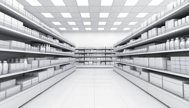 shelves with blank goods in the interior of the store - store render imagens e fotografias de stock