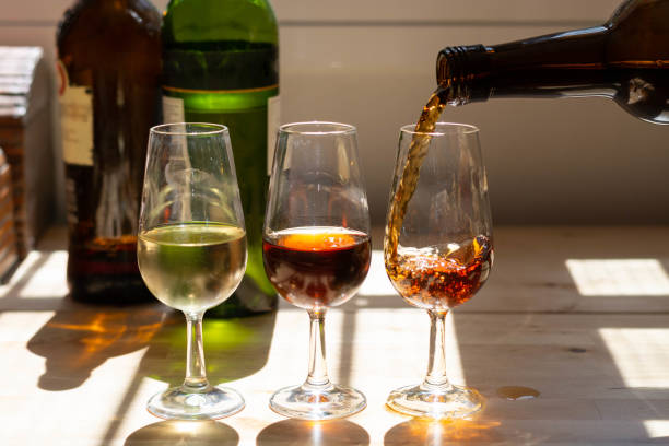 Sherry wine tasting, selection of different jerez fortified wines from dry to very sweet in glasses, Jerez de la Frontera, Andalusia, Spain stock photo