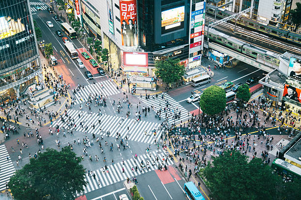 渋谷スクランブル交差点、歩行者横断は、夜の空からの眺め - 渋谷 ストックフォトと画像