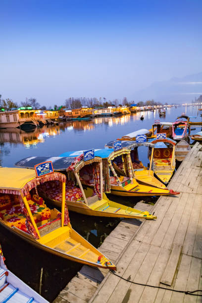 Shikara Boats parked on the bank of Dal Lake in Srinagar Shikara Boats parked on the bank of Dal Lake in Srinagar, Jammu and Kashmir, India srinagar stock pictures, royalty-free photos & images