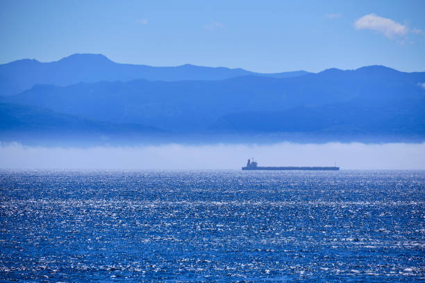Shimmering cargo ship stands out against fog, Olympic Mountains, WA stock photo