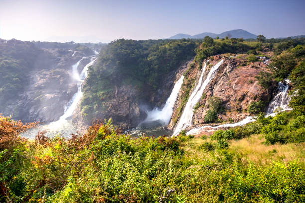 Shimsa falls, India Shimsa waterfalls, also called as Shivanasamudra falls is situated on the banks of river Kaveri and is the location of one of the first Hydro-electric Power station in Asia. karnataka stock pictures, royalty-free photos & images