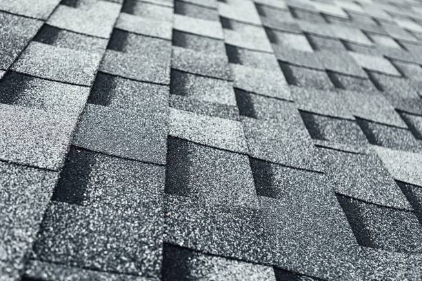 shingles flat polymeric roof-tiles background, close-up view stock photo