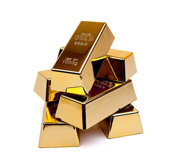 Shiny gold ingots stacked upon each other stack of gold- photo not 3d render gold bar stock pictures, royalty-free photos & images