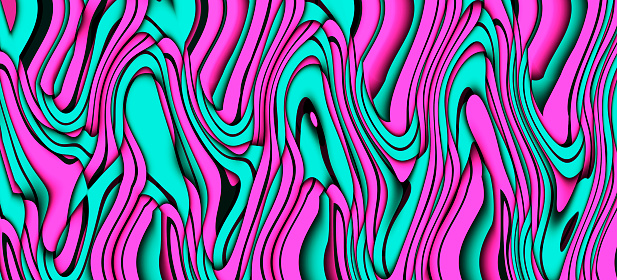 Bright multicolor curved lines background. Shiny neon wavy pattern.  Abstract psychedelic illustration. Wide format, 3d rendering