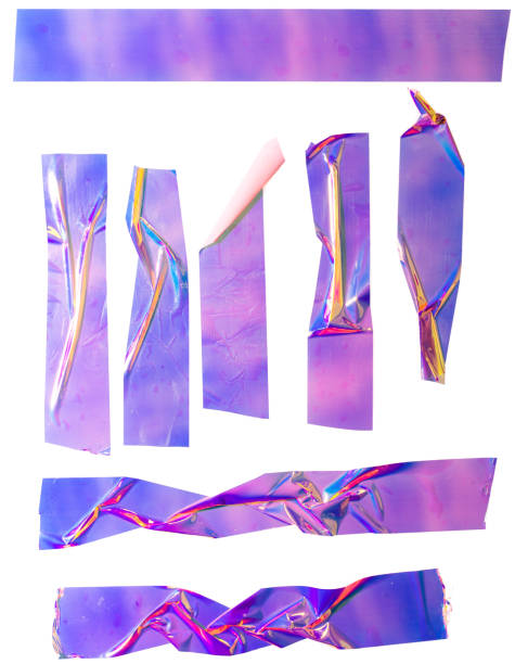 блестящие фиолетовые мятые наклейки. прохладный набор металлических голографических липких форм ленты изолированы на белом фоне. - holographic foil стоковые фото и изображения