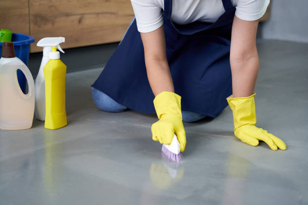 Shiny surface. Close up of hands of young woman in yellow gloves cleaning floor with detergents at home stock photo