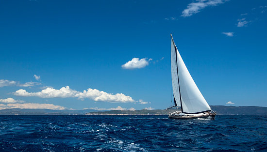 Ship Yachts With White Sails In The Open Sea Sailing Stock Photo ...