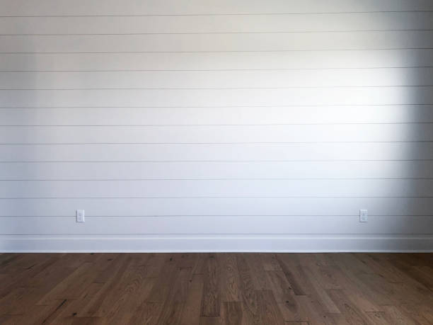 Shiplap Feature Wall Wood Floor White Shiplap feature wall shiplap stock pictures, royalty-free photos & images