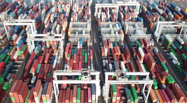 Shipping containers in port stock photo