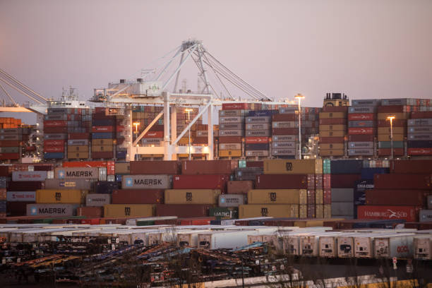 Shipping containers stacked up at the Port of Oakland stock photo