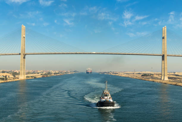 Ship's convoy passing through Suez Canal, Egypt stock photo