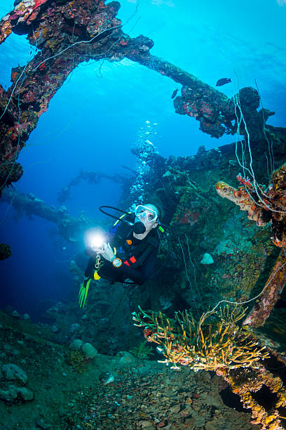 Shipwreck dive - Palau, Micronesia A female diver exploring the wreck Teshio Maru a Japanese Army Cargo Ship with 321 feet (98) on it's length, and was built in 1942-1944. The Teshio is one of the fishiest wrecks in Palau babeldaob island stock pictures, royalty-free photos & images